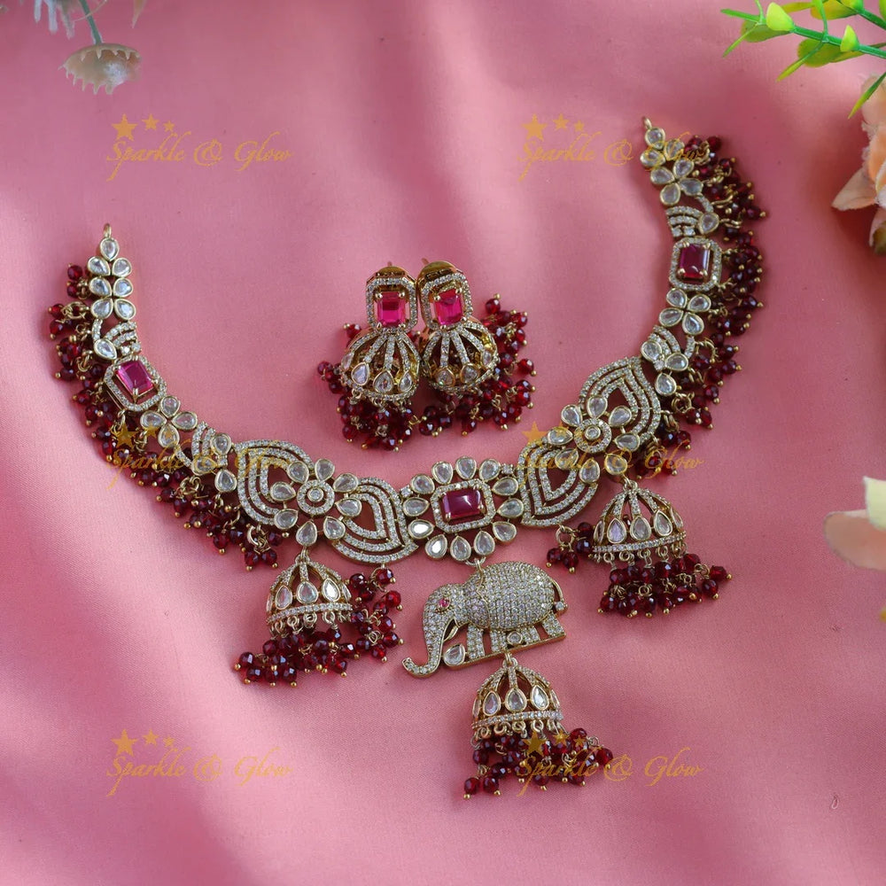 Gracious Floral Elephant carved Victorian AD short necklace with jhumuka drop - Sparkle and Glow