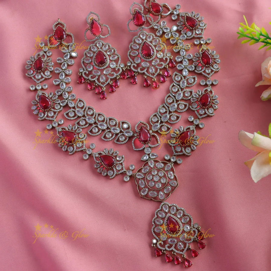 Grand Dual tone Floral pendant two layered Victorian AD short necklace - Sparkle and Glow