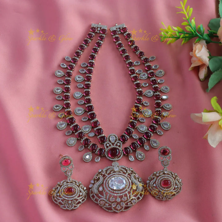 Grand Dual tone Peacock pendant Two layered Victorian AD short necklace with waterdrop - Sparkle and Glow