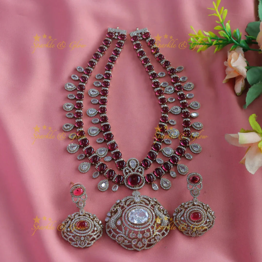 Grand Dual tone Peacock pendant Two layered Victorian AD short necklace with waterdrop - Sparkle and Glow