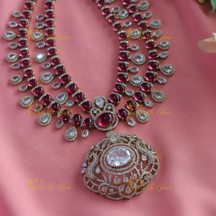 Grand Dual tone Peacock pendant Two layered Victorian AD short necklace with waterdrop - Sparkle and Glow