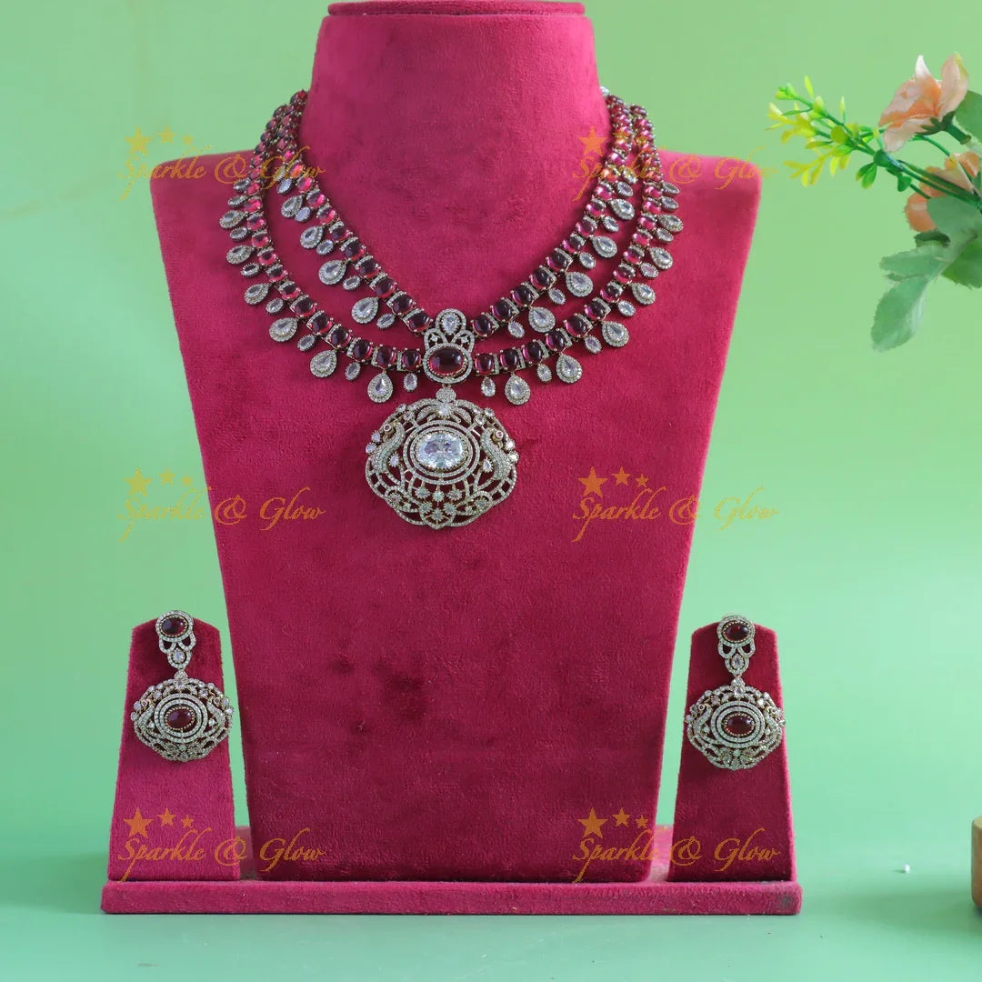 Grand Dual tone Peacock pendant Two layered Victorian AD short necklace with waterdrop - Sparkle and Glow