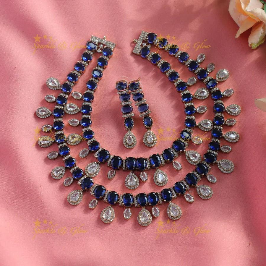 Elegant Two Layer Victorian AD Short necklace with waterdrop-Blue - Sparkle and Glow