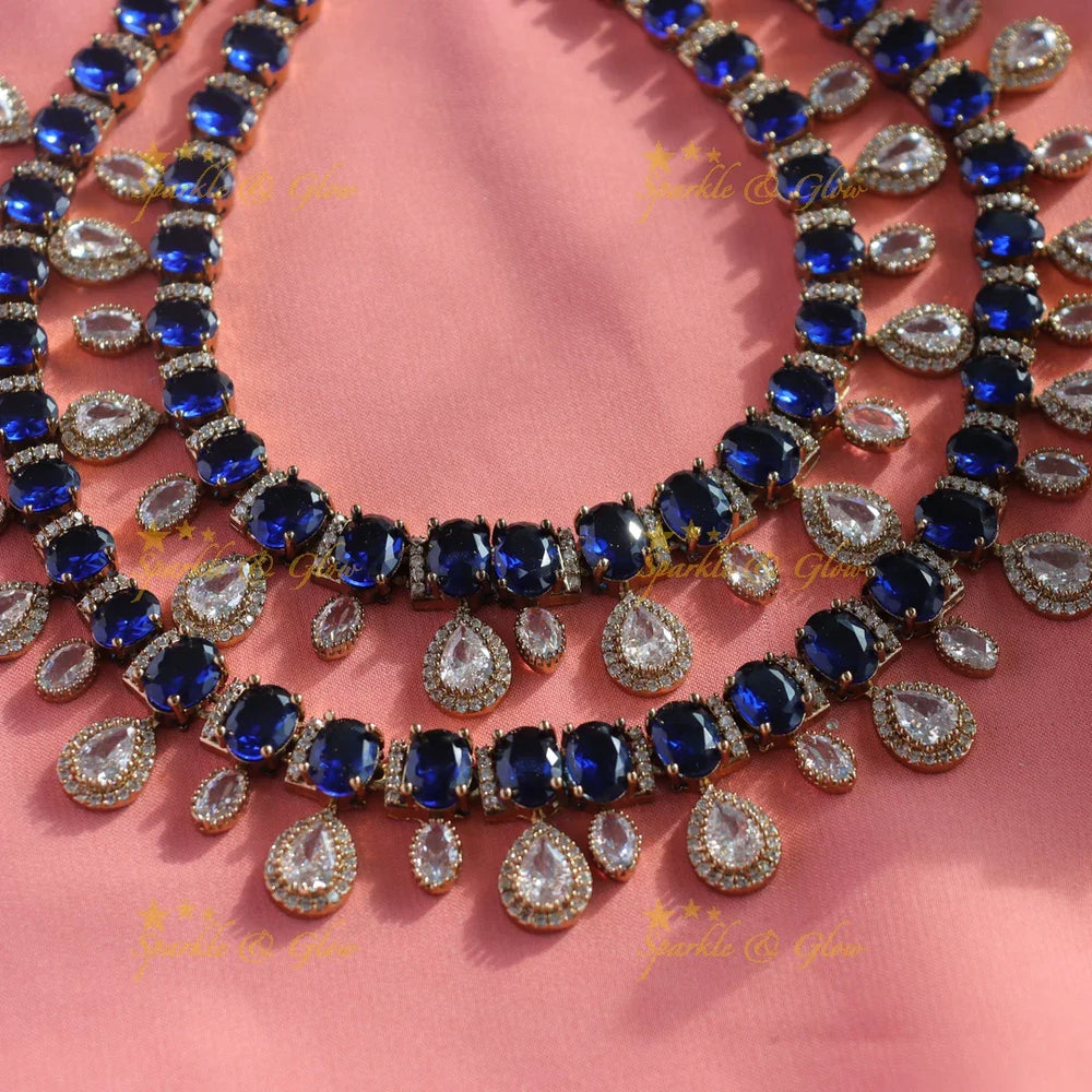 Elegant Two Layer Victorian AD Short necklace with waterdrop-Blue - Sparkle and Glow