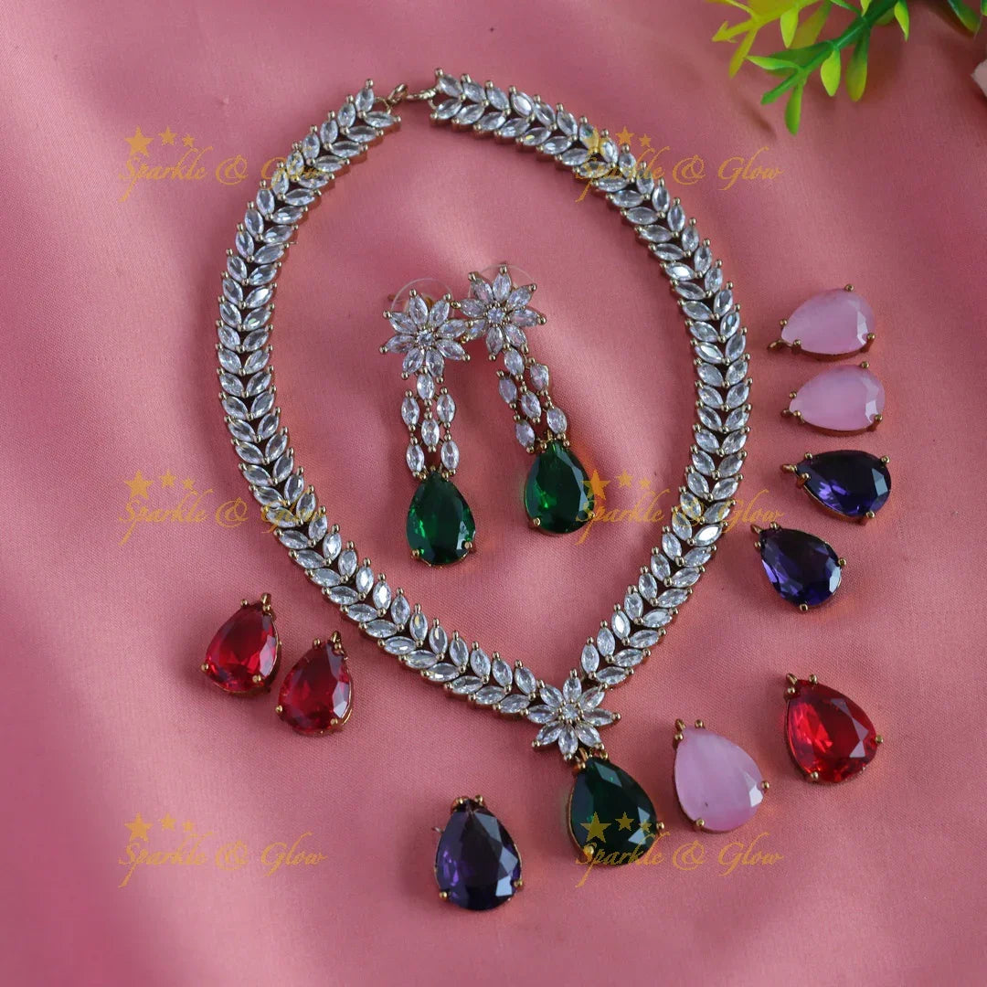 Beautiful Floral Leaf design AD Short necklace with Interchangeable stones - Sparkle and Glow