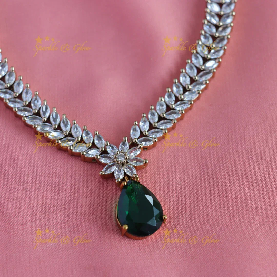 Beautiful Floral Leaf design AD Short necklace with Interchangeable stones - Sparkle and Glow