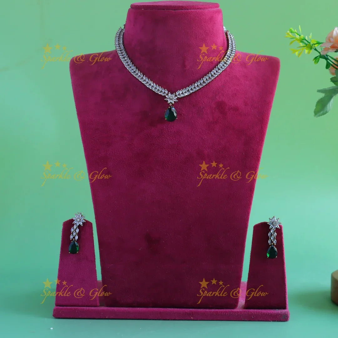 Beautiful Floral Leaf design AD Short necklace with Interchangeable stones - Sparkle and Glow