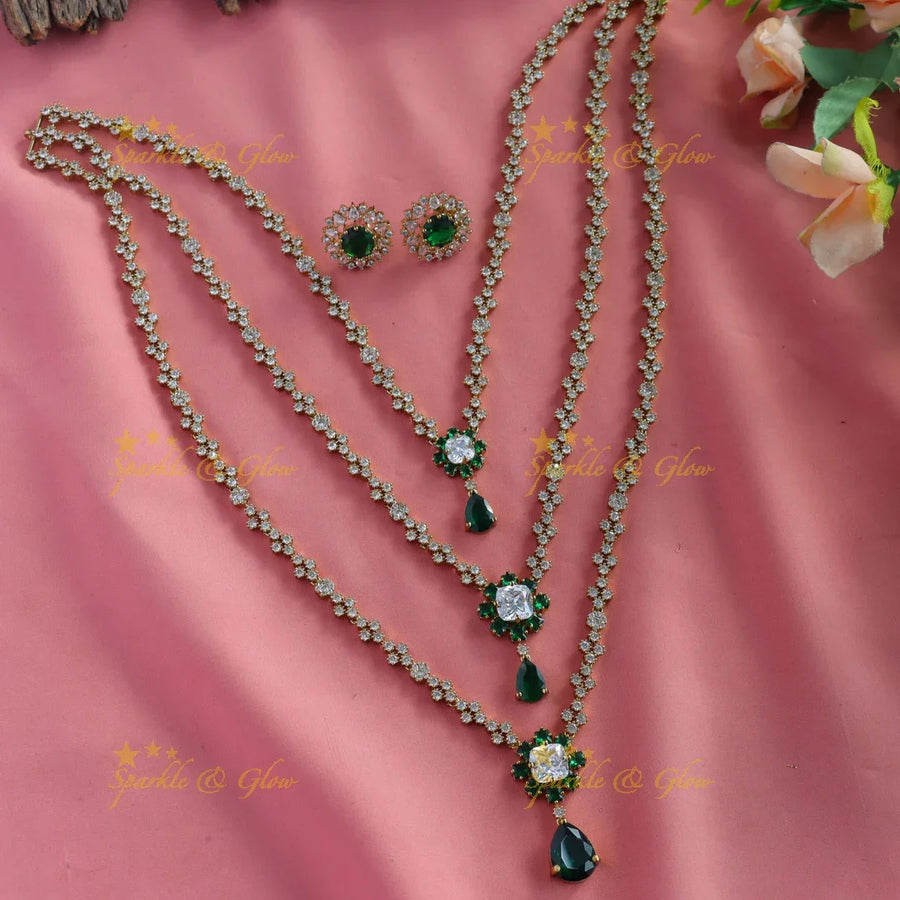 Elegant Three Layered Floral Victorian AD Haram with Emerald stones - Sparkle and Glow