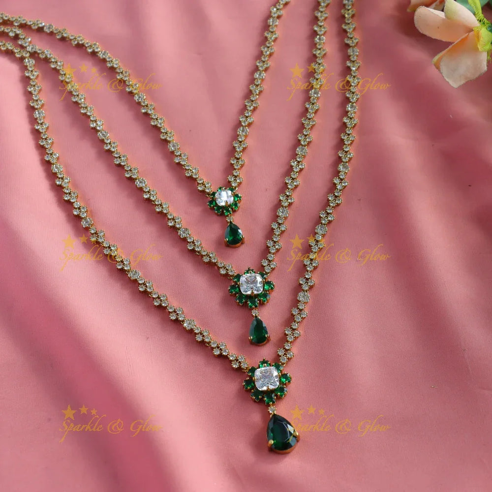 Elegant Three Layered Floral Victorian AD Haram with Emerald stones - Sparkle and Glow