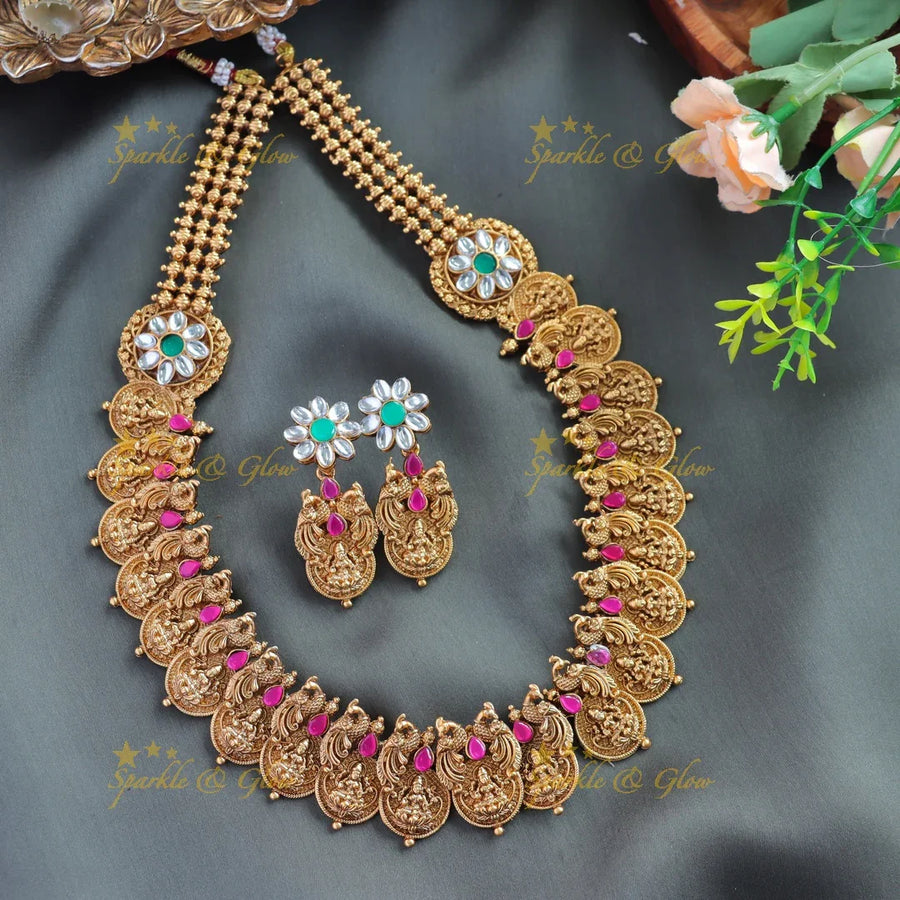Statement Idol Lakshmi coin peacock carved short necklace with white pink stones - Sparkle and Glow