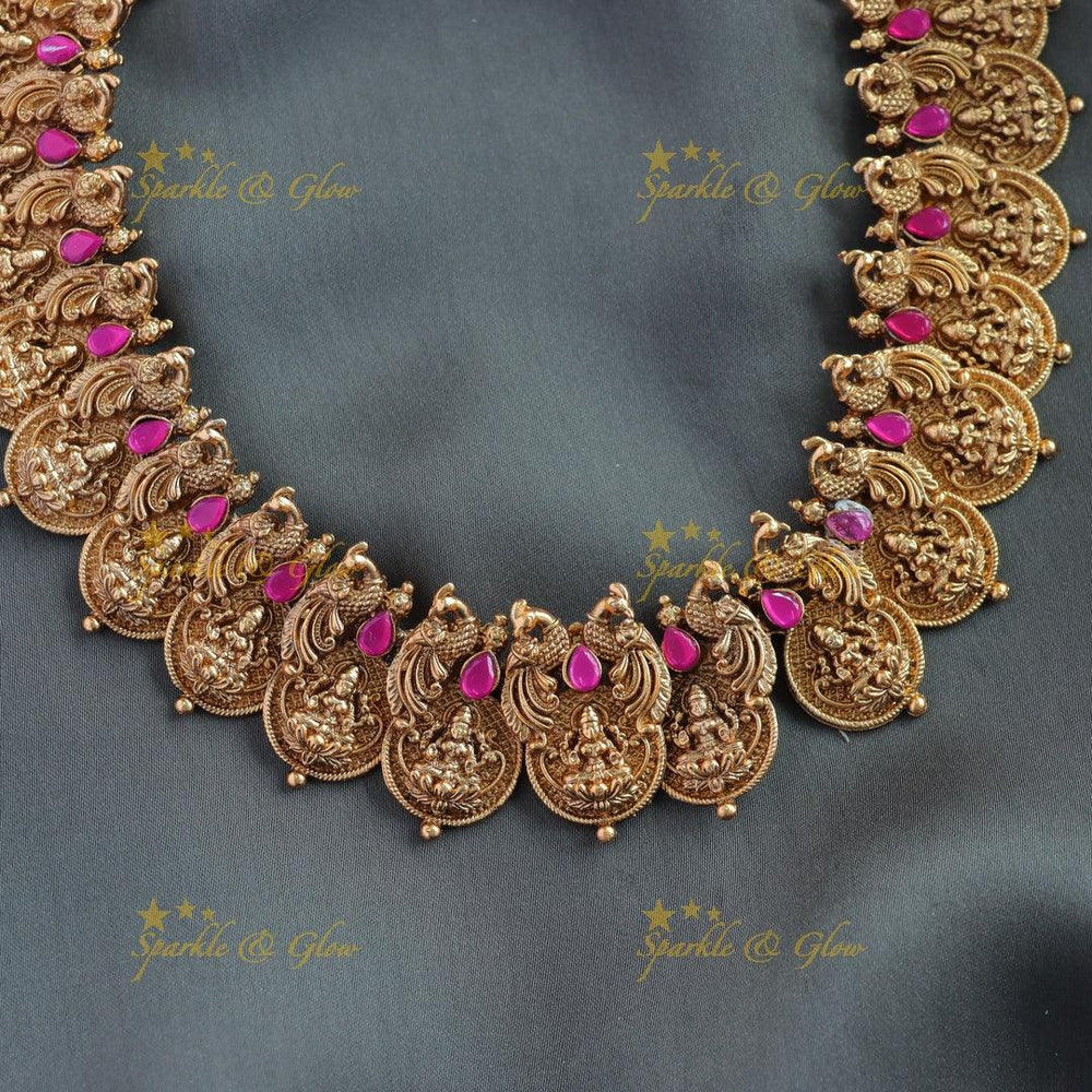 Statement Idol Lakshmi coin peacock carved short necklace with white pink stones - Sparkle and Glow
