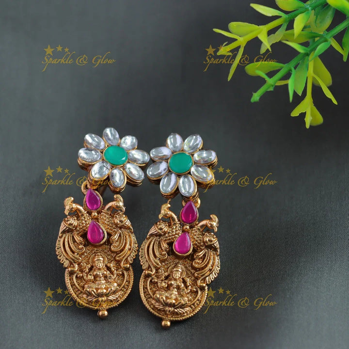 Statement Idol Lakshmi coin peacock carved short necklace with white pink stones - Sparkle and Glow