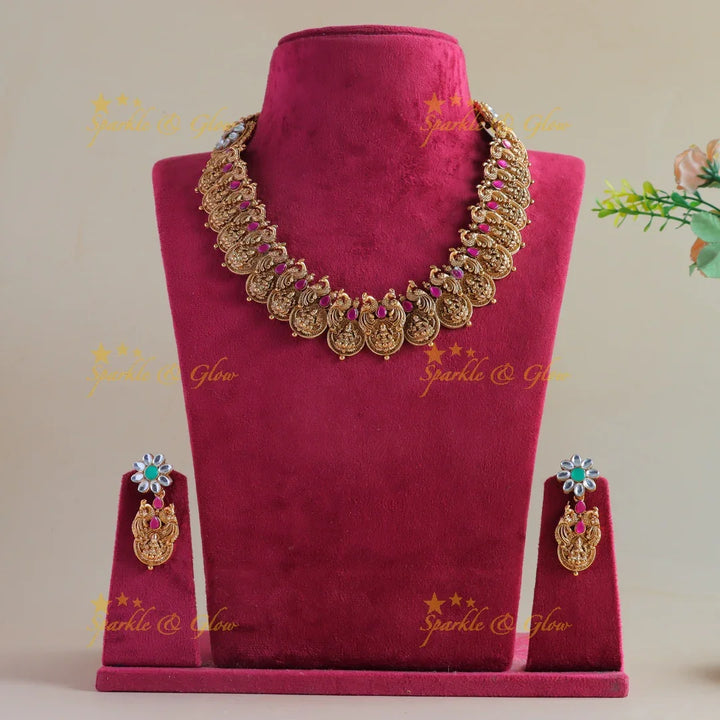 Statement Idol Lakshmi coin peacock carved short necklace with white pink stones - Sparkle and Glow