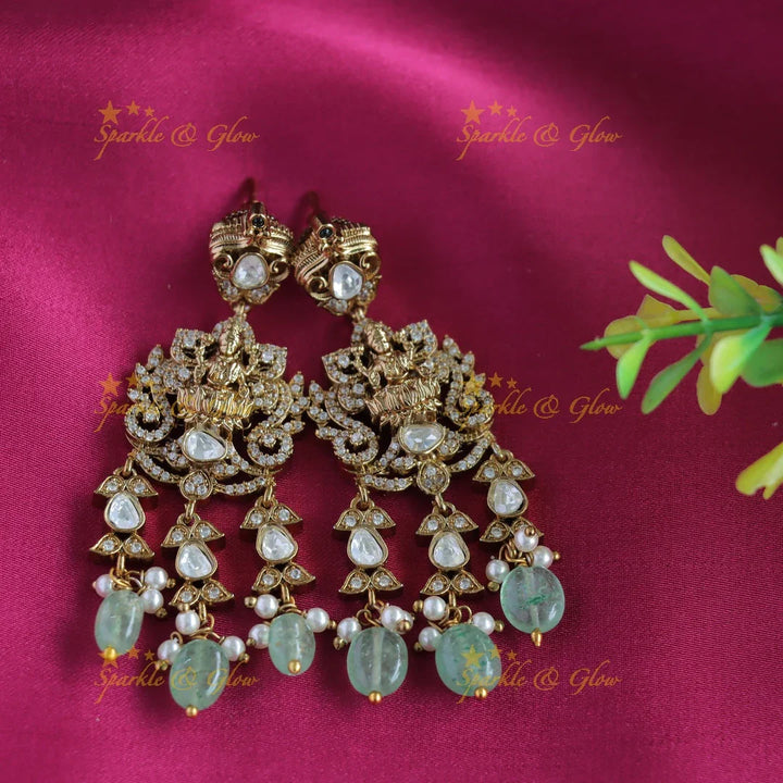 Elegant Idol Lakshmi Peacock carved Victorian AD choker with hanging mintgreen beads - Sparkle and Glow