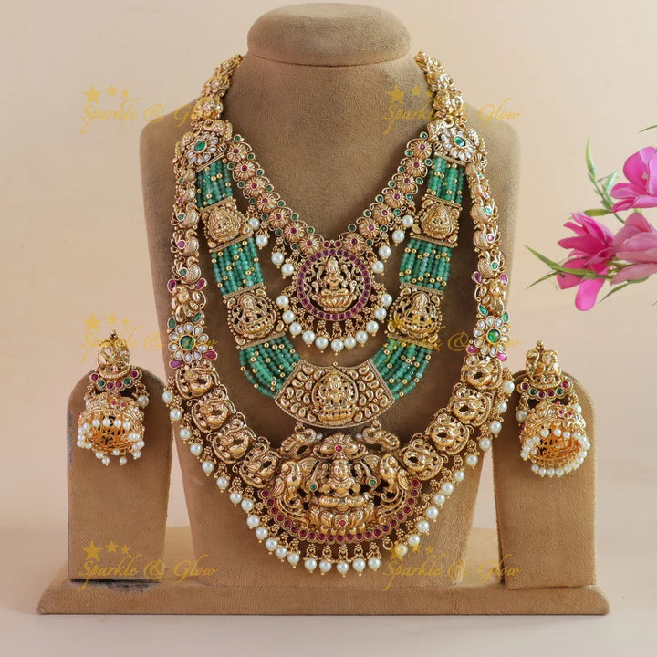 Grand Bridal Lakshmi peacock carved three layer haram with ruby emerald pearls and multi layer mint green beads - Sparkle and Glow
