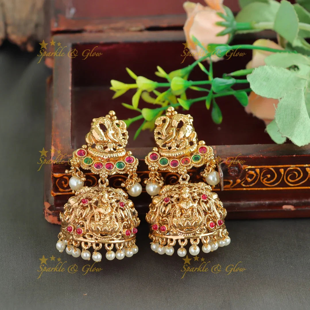 Grand Bridal Lakshmi peacock carved three layer haram with ruby emerald pearls and multi layer mint green beads - Sparkle and Glow