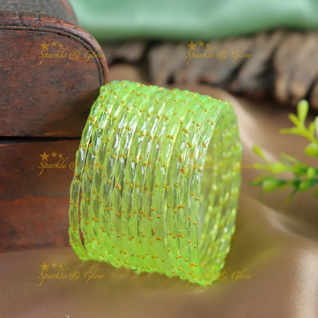 Beautiful Big drop glass bangles set of 12 bangles, (one dozen ), with gold dots - baby pink - Sparkle and Glow
