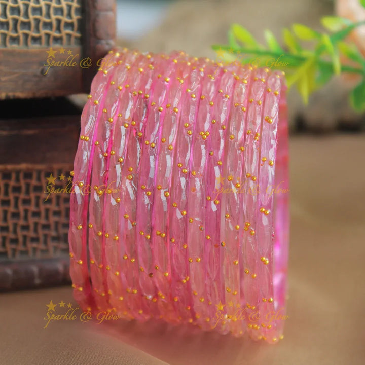 Beautiful Big drop glass bangles set of 12 bangles, (one dozen ), with gold dots - baby pink - Sparkle and Glow