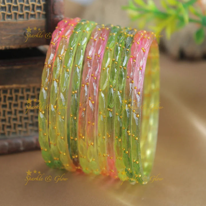 Beautiful Big drop glass bangles set of 12 bangles, (one dozen ), with gold dots - baby pink - Sparkle and Glow