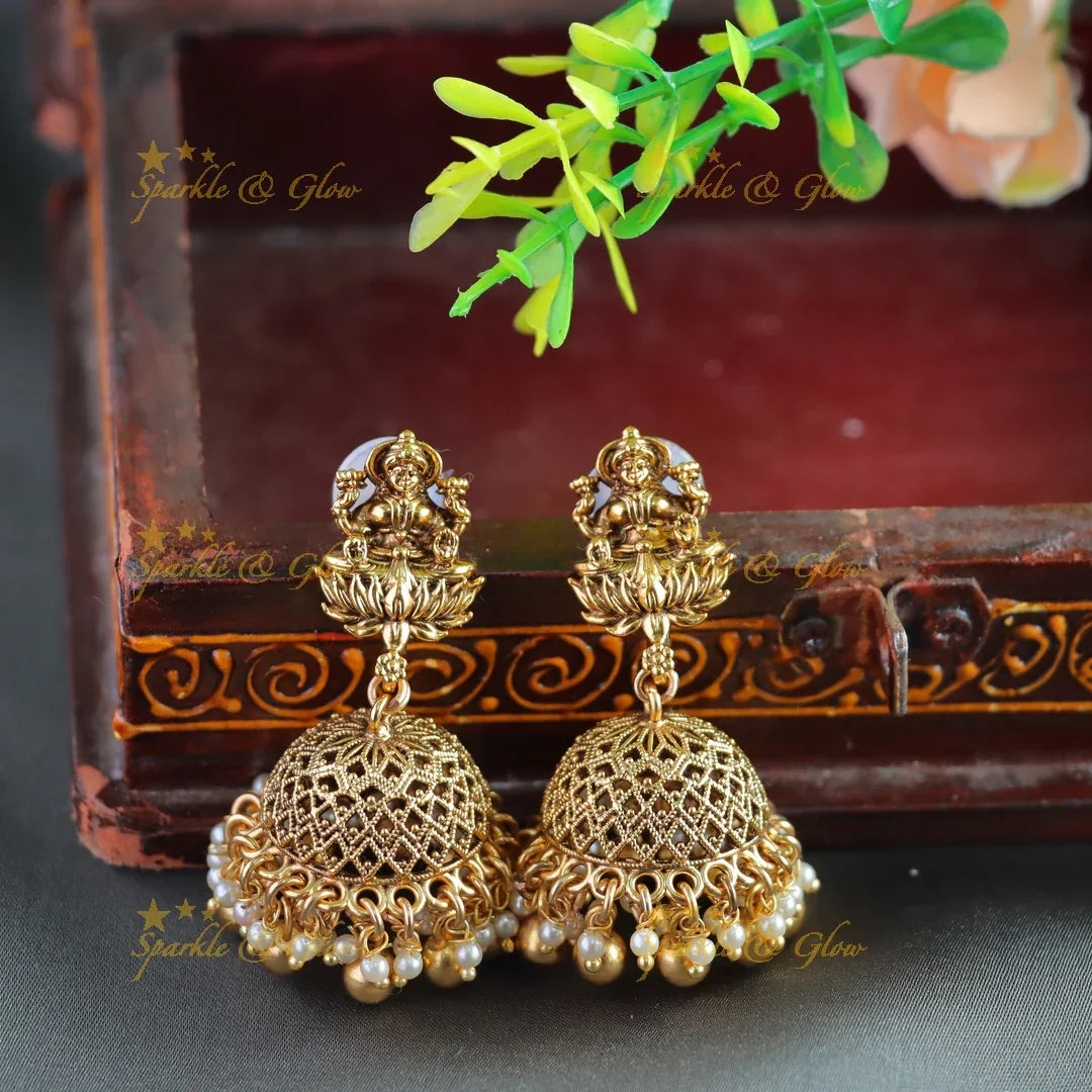 Grand bridal Lakshmi peacock carved lotus jadau short necklace with pearls and gold beads - Sparkle and Glow