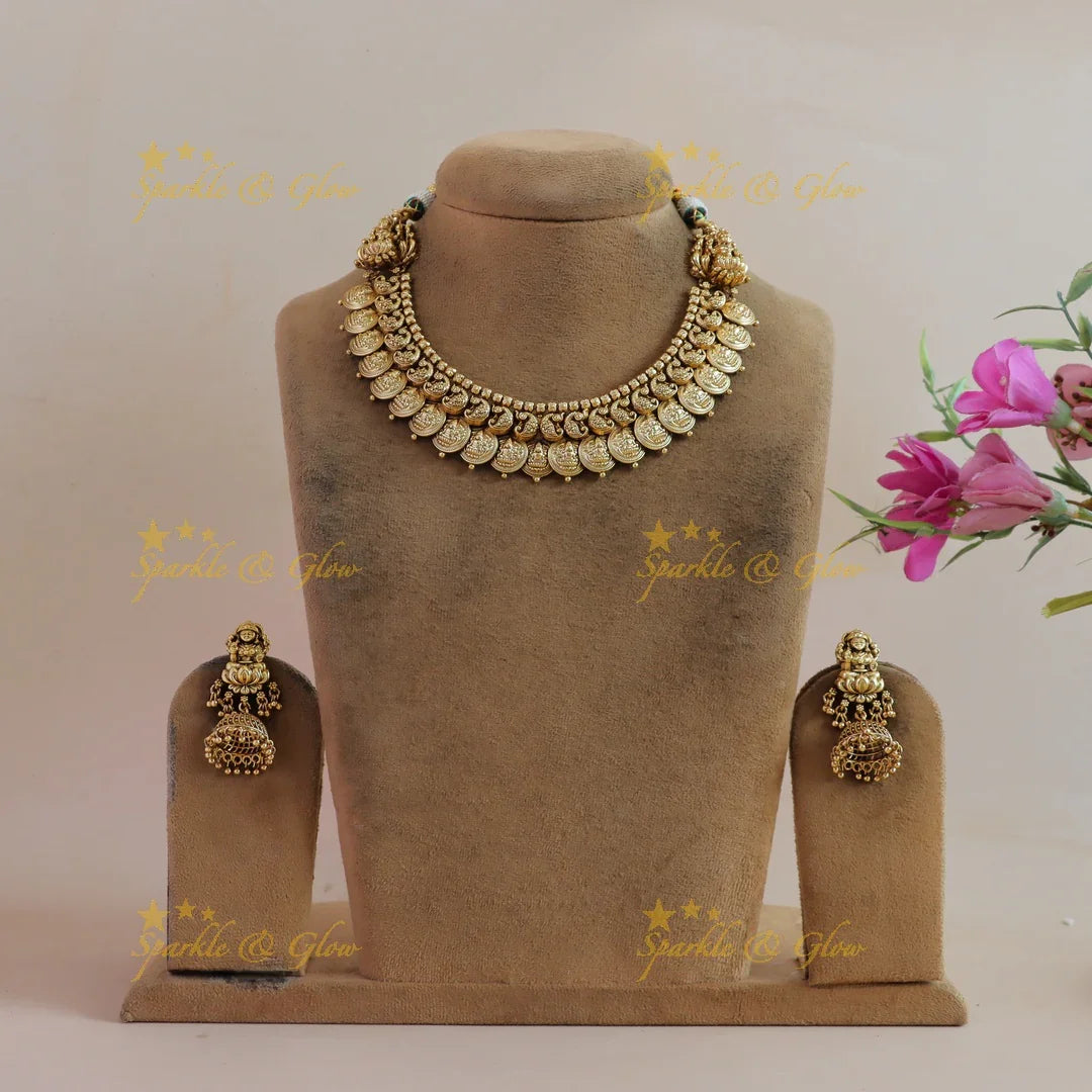 Stunning Lakshmi peacock carved coin short necklace - Sparkle and Glow