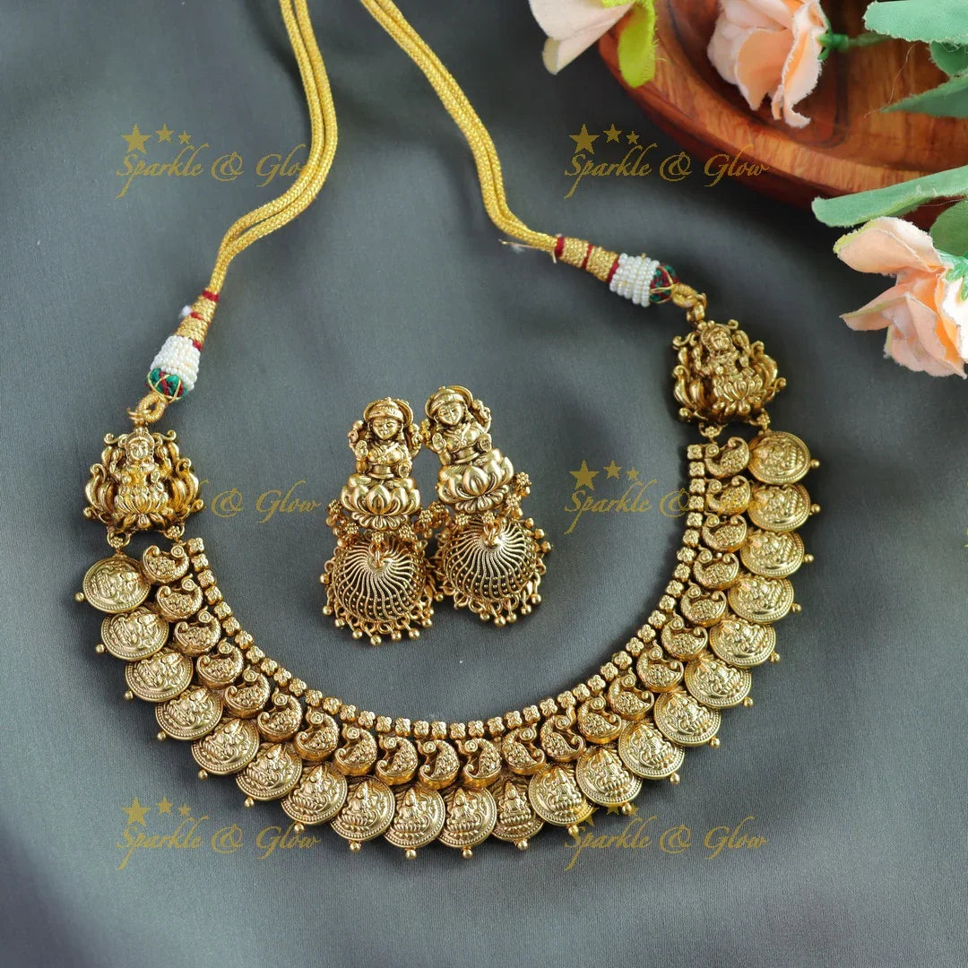 Stunning Lakshmi peacock carved coin short necklace - Sparkle and Glow