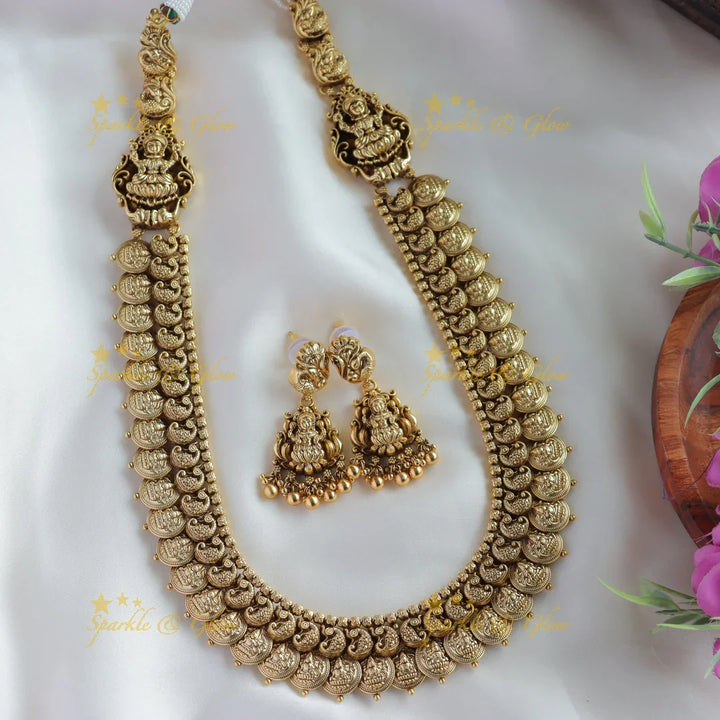 Gorgeous Lakshmi peacock carved coin long necklace - Sparkle and Glow