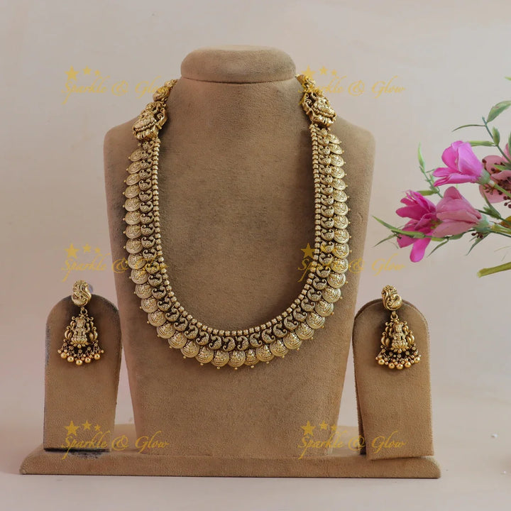 Gorgeous Lakshmi peacock carved coin long necklace - Sparkle and Glow