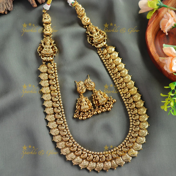 Gorgeous Lakshmi peacock carved coin long necklace - Sparkle and Glow