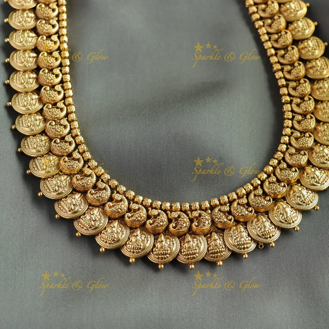 Gorgeous Lakshmi peacock carved coin long necklace - Sparkle and Glow