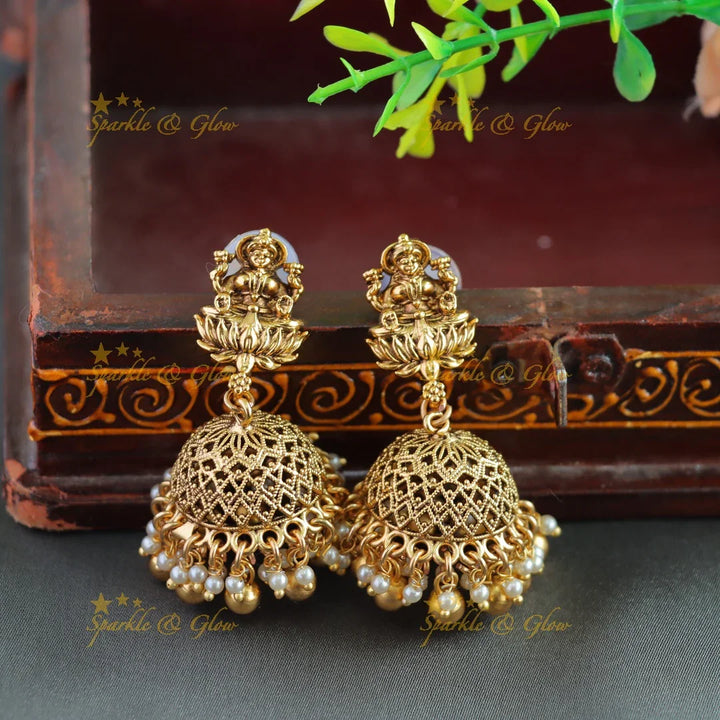 Grand bridal Lakshmi peacock carved lotus jadau long necklace with pearls and gold beads - Sparkle and Glow