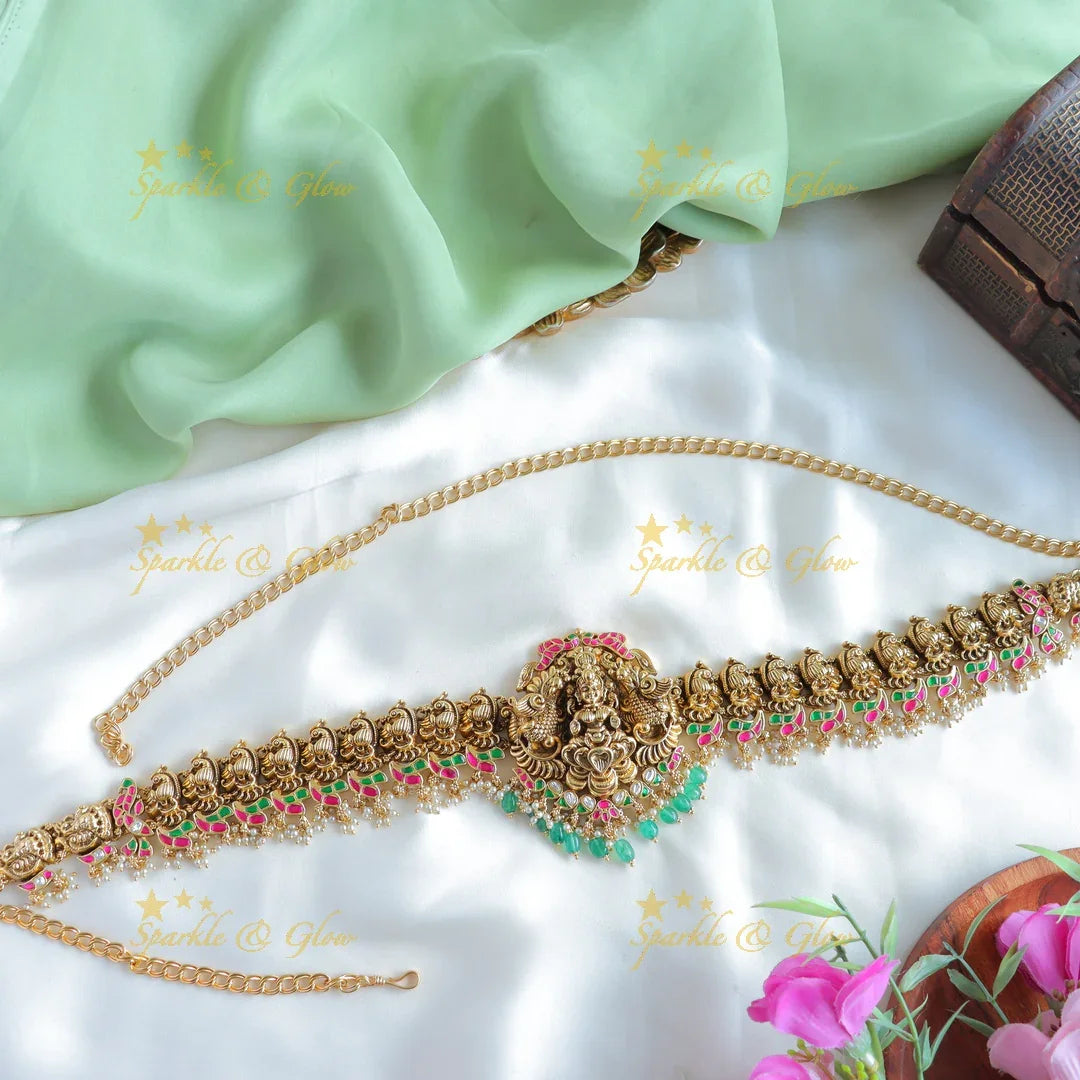 Stunning Jadau Nagas peacock carved Hipchain with Mintgreen beads - Sparkle and Glow