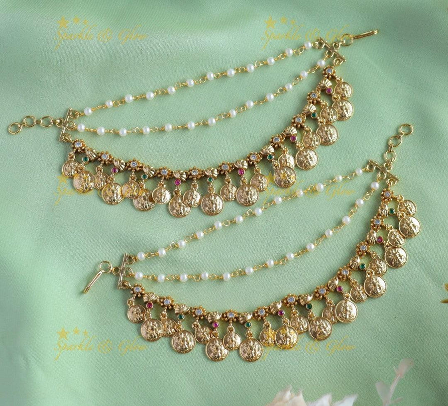 Beautiful Idol Lakshmi Coin carved pearl earchain - Sparkle and Glow