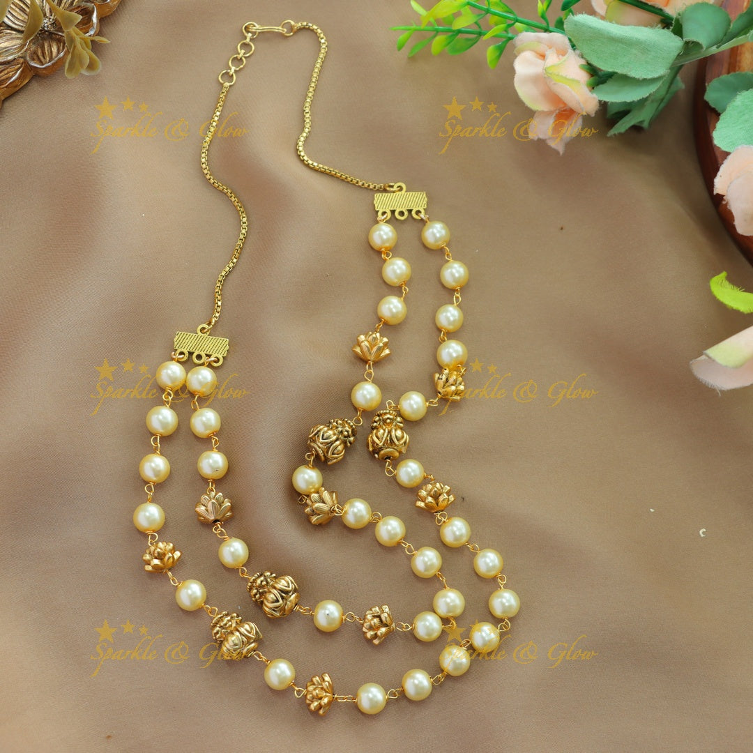 Elegant Two Layer Gold ball and Pearl Short Chain