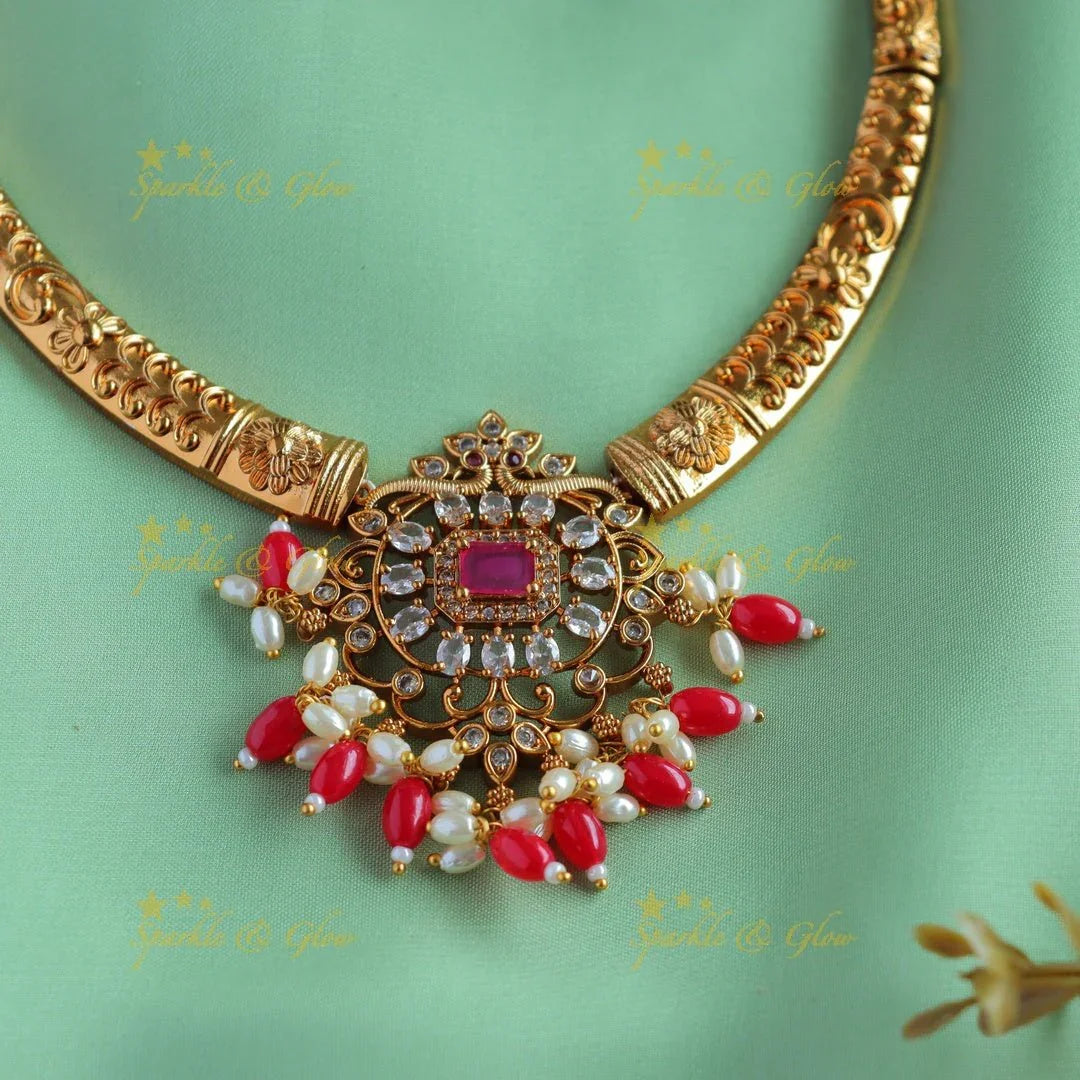 Sparkling Dual tone Floral pendant carved AD pipe necklace-Coral - Sparkle and Glow