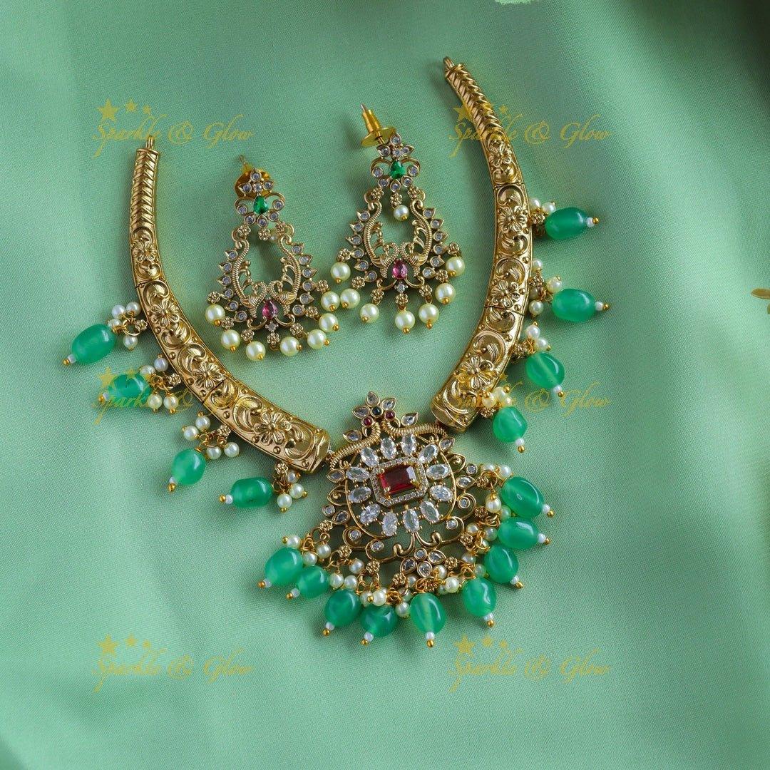 Elegant Grand Floral Peacock pendant carved AD pipe necklace-Green - Sparkle and Glow
