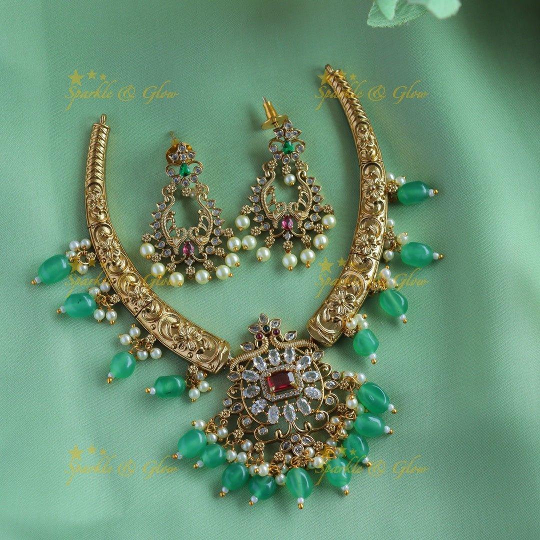 Elegant Grand Floral Peacock pendant carved AD pipe necklace-Green - Sparkle and Glow