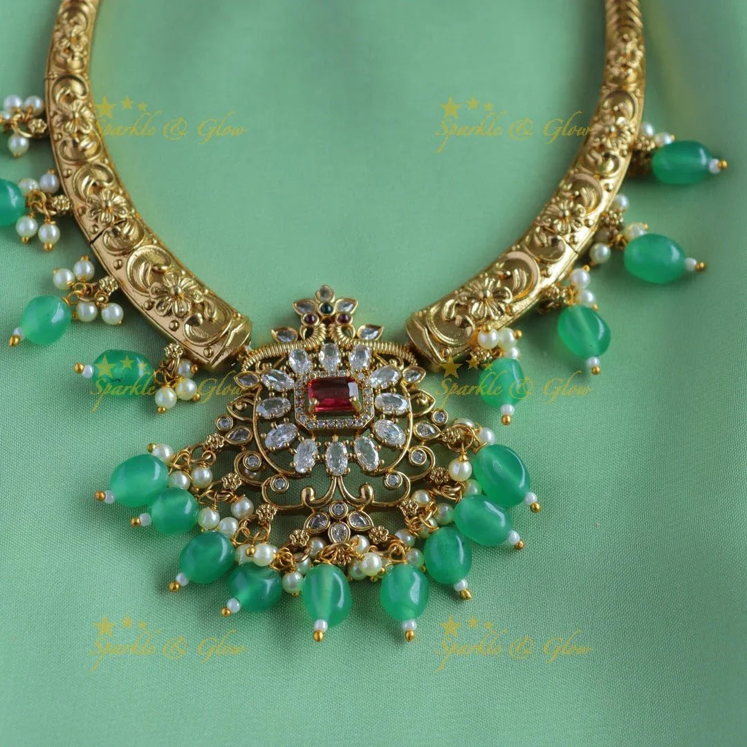 Elegant Grand Floral Peacock pendant carved AD pipe necklace-Green - Sparkle and Glow