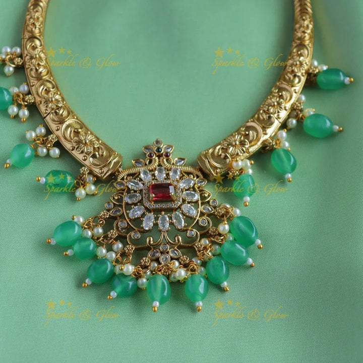 Elegant Grand Floral Peacock pendant carved AD pipe necklace-Green - Sparkle and Glow