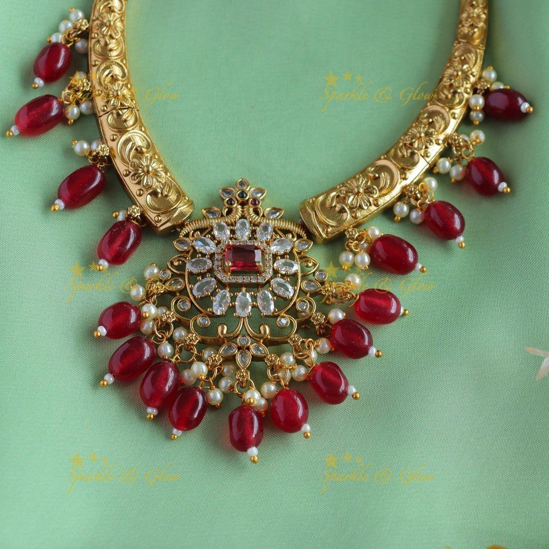 Elegant Grand Floral Peacock pendant carved AD pipe necklace-Green - Sparkle and Glow