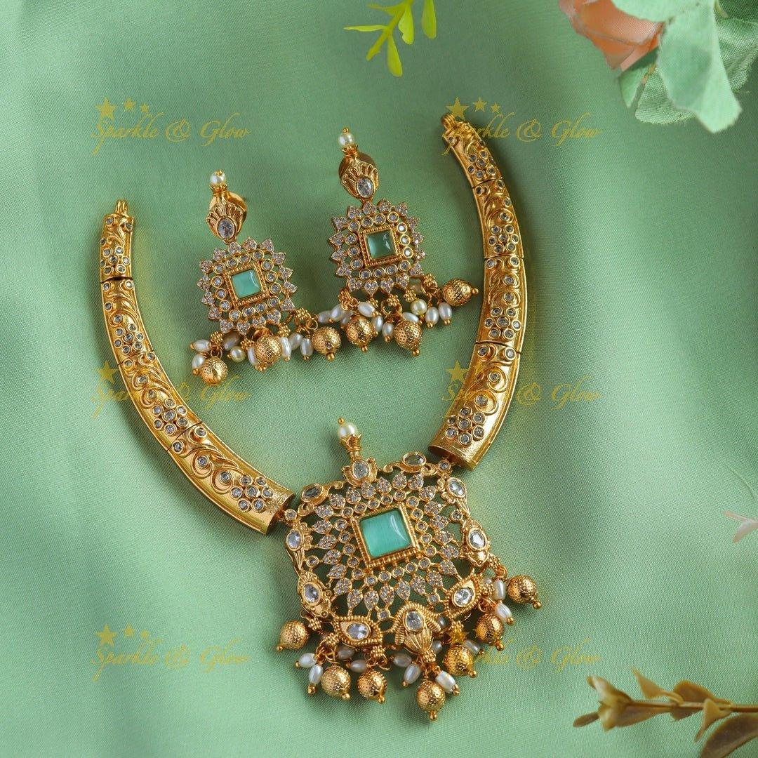 Gracious Square stone Floral pendant carved AD pipe necklace-Mintgreen - Sparkle and Glow