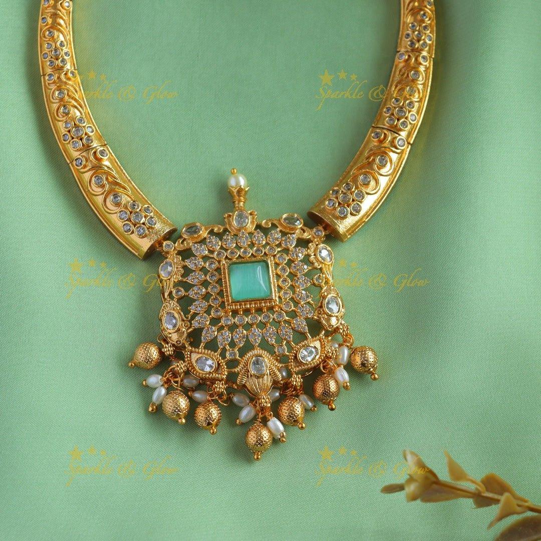 Gracious Square stone Floral pendant carved AD pipe necklace-Mintgreen - Sparkle and Glow