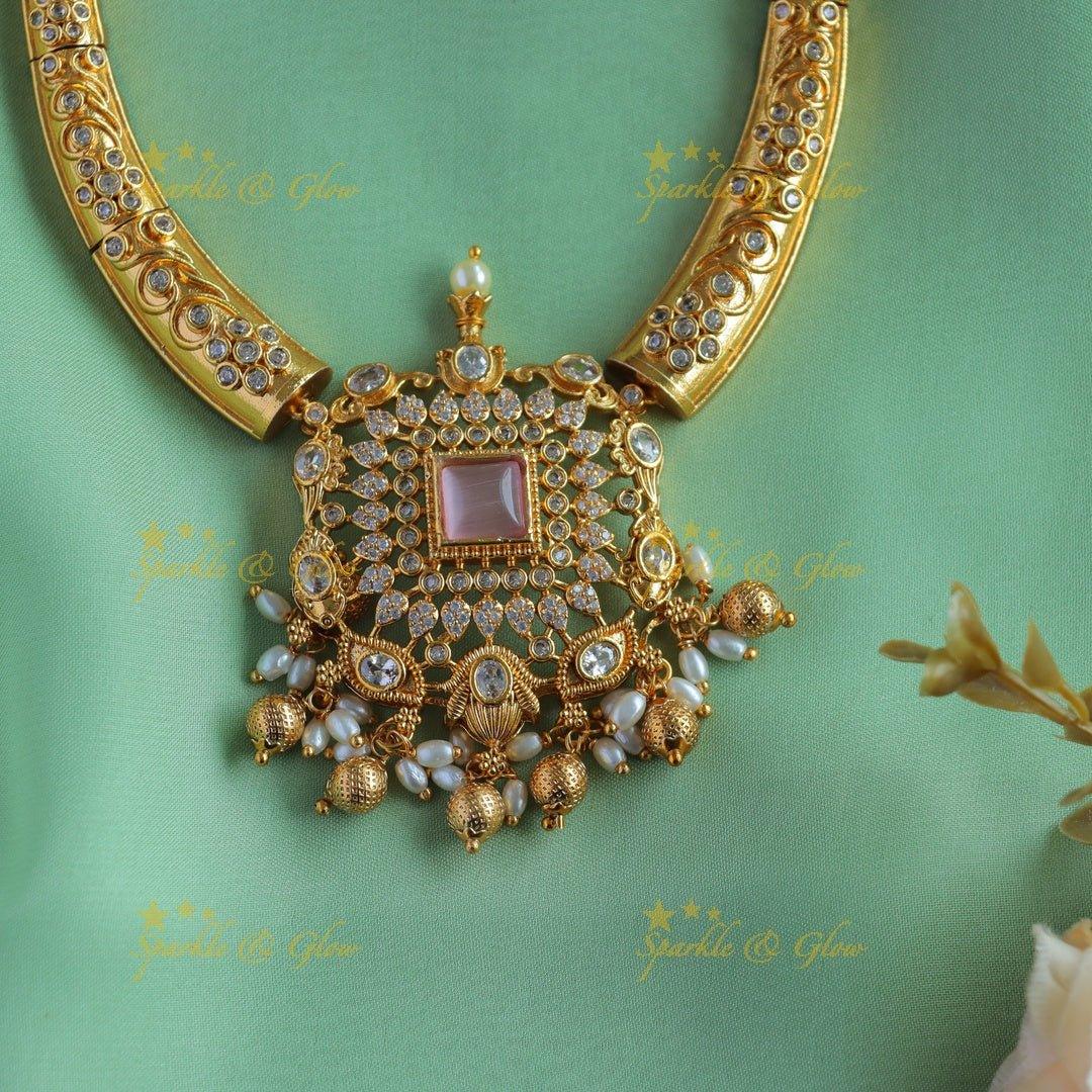 Gracious Square stone Floral pendant carved AD pipe necklace-Mintgreen - Sparkle and Glow
