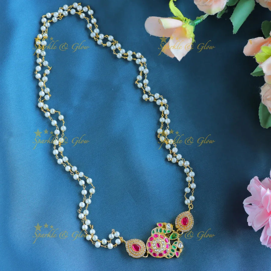 Gracious Peacock Floral Jadau Pearl Chain - Sparkle and Glow