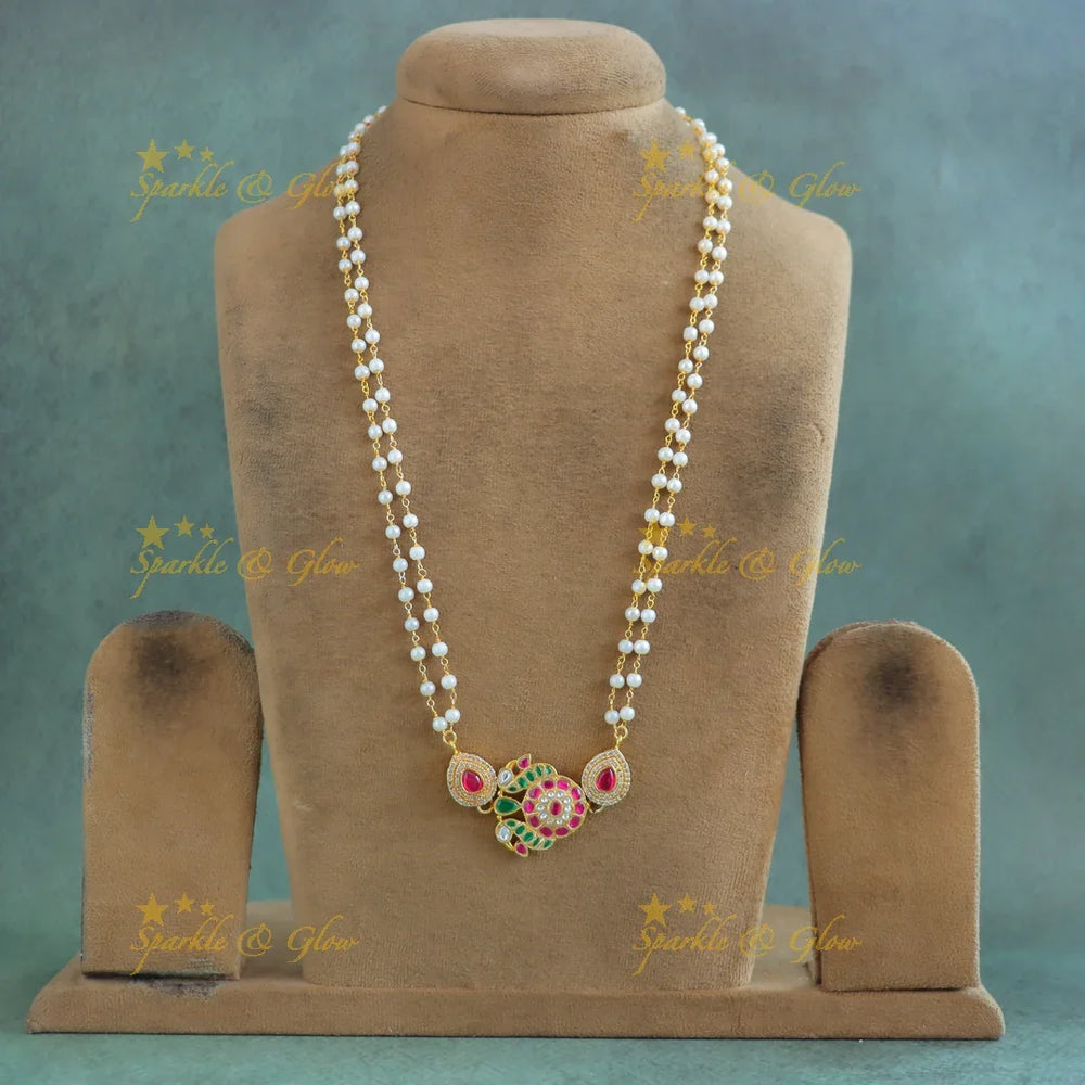 Gracious Peacock Floral Jadau Pearl Chain - Sparkle and Glow