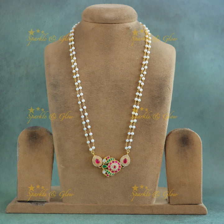 Gracious Peacock Floral Jadau Pearl Chain - Sparkle and Glow