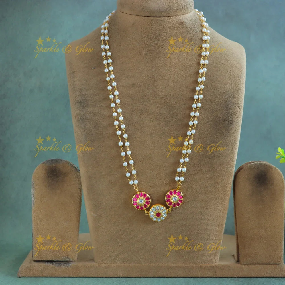 Gracious Flower pendant Jadau Pearl Chain - Sparkle and Glow