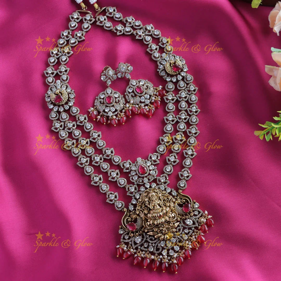 Grand Idol Lakshmi Peacock pendant carved Three layered Victorian AD Haram-Red - Sparkle and Glow