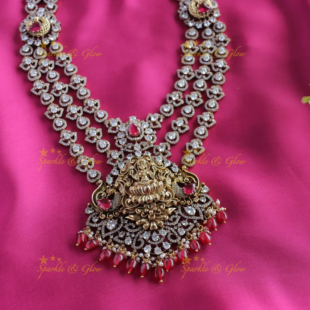 Grand Idol Lakshmi Peacock pendant carved Three layered Victorian AD Haram-Red - Sparkle and Glow