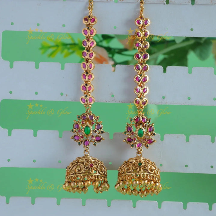 Kemp stones flower studded intricate jhumukas with earchain - Sparkle and Glow